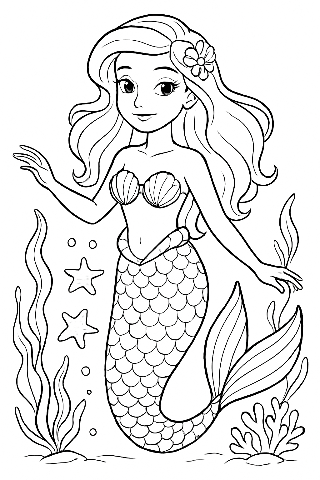 Playful Mermaid Underwater Scene for Coloring Book Pages