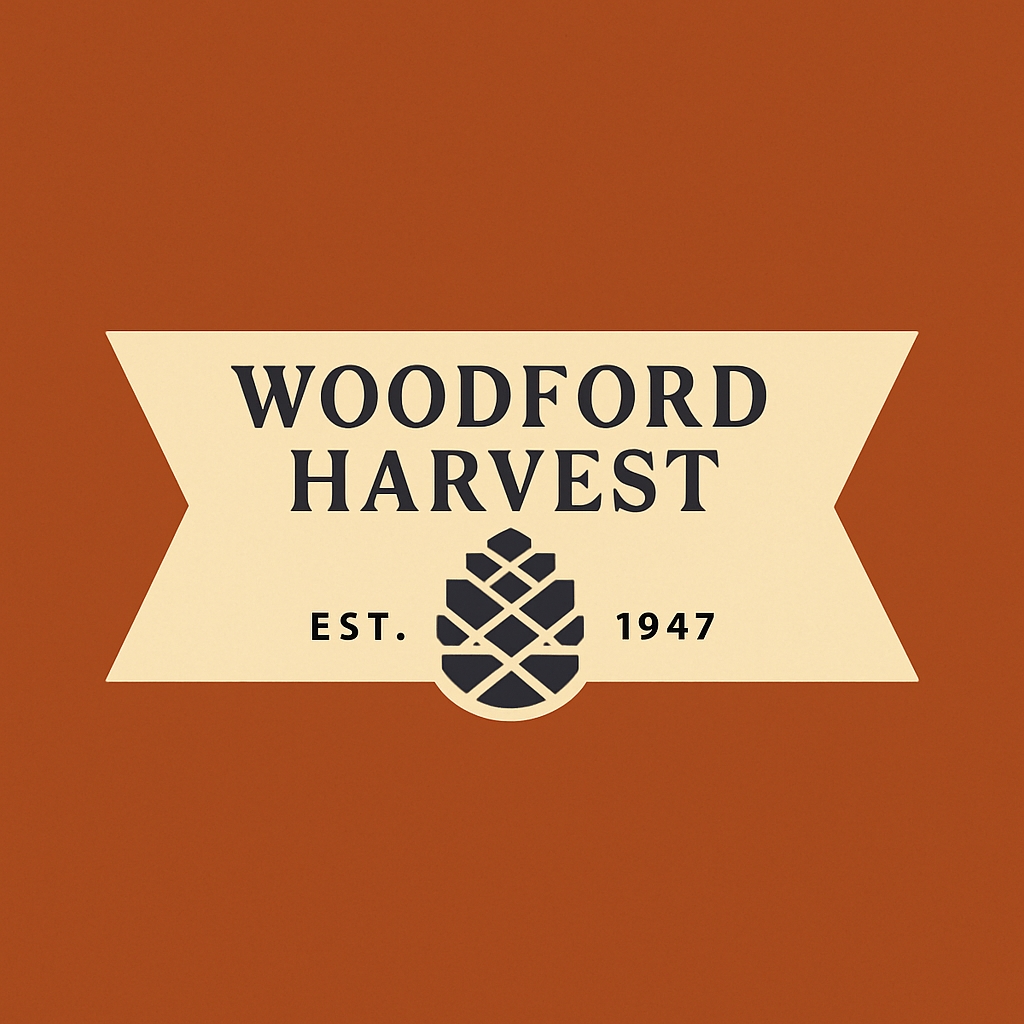 Elegant Minimalist Woodford Harvest Logo Design on Burnt Sienna Background