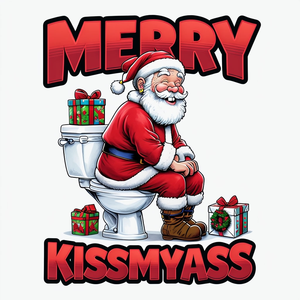 Humorous Santa Claus on Toilet with Merry KISSMYASS Text T-Shirt