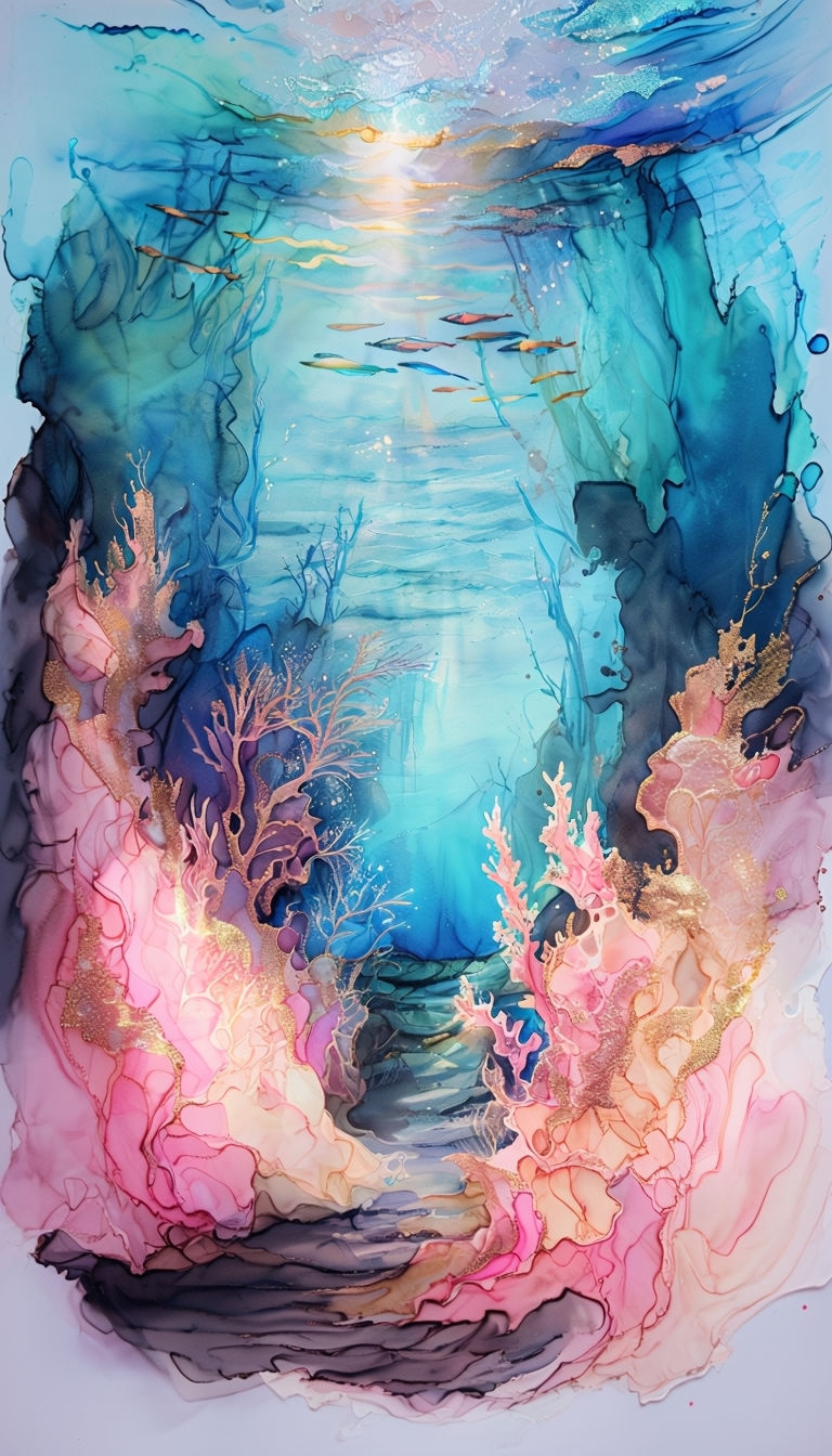 Ethereal Underwater Grotto Alcohol Ink Art Mobile Wallpaper