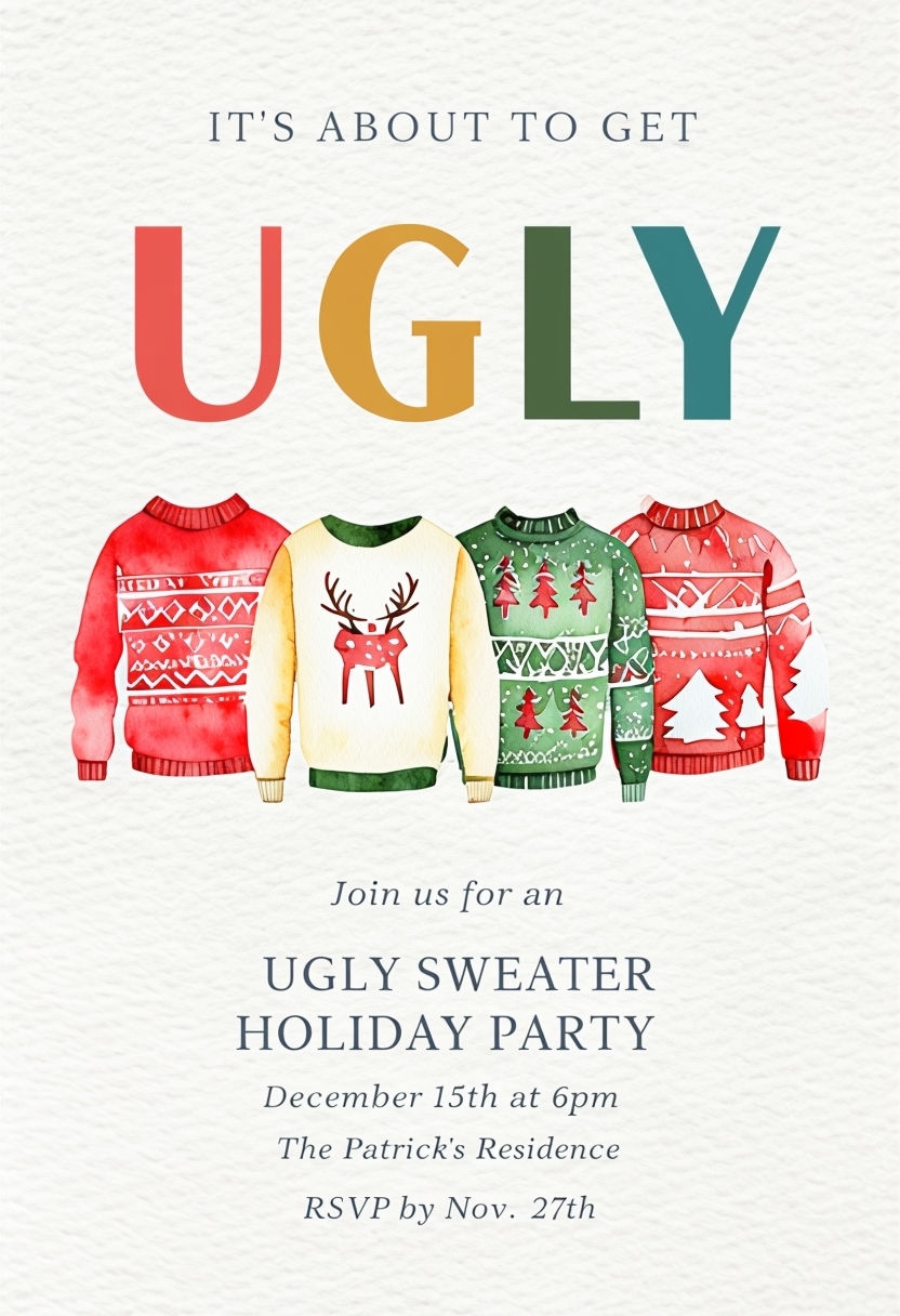 Festive Ugly Sweater Holiday Party Invitation Design Ideas // Cards & Invite