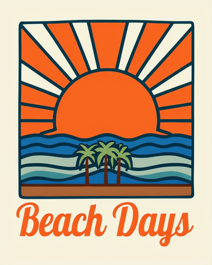Stylized Beach Days Illustration with Sun and Palm Trees T-Shirt
