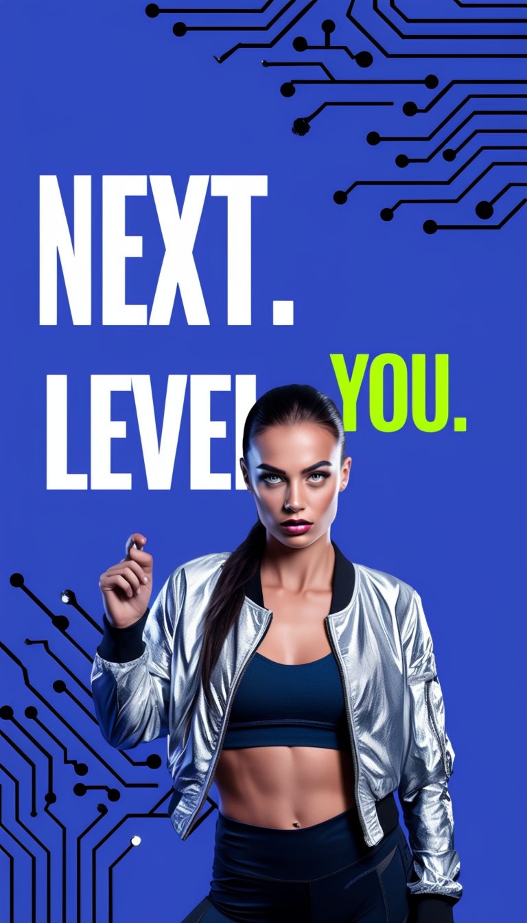 Dynamic Royal Blue Advertisement Featuring Confident Young Woman Ads