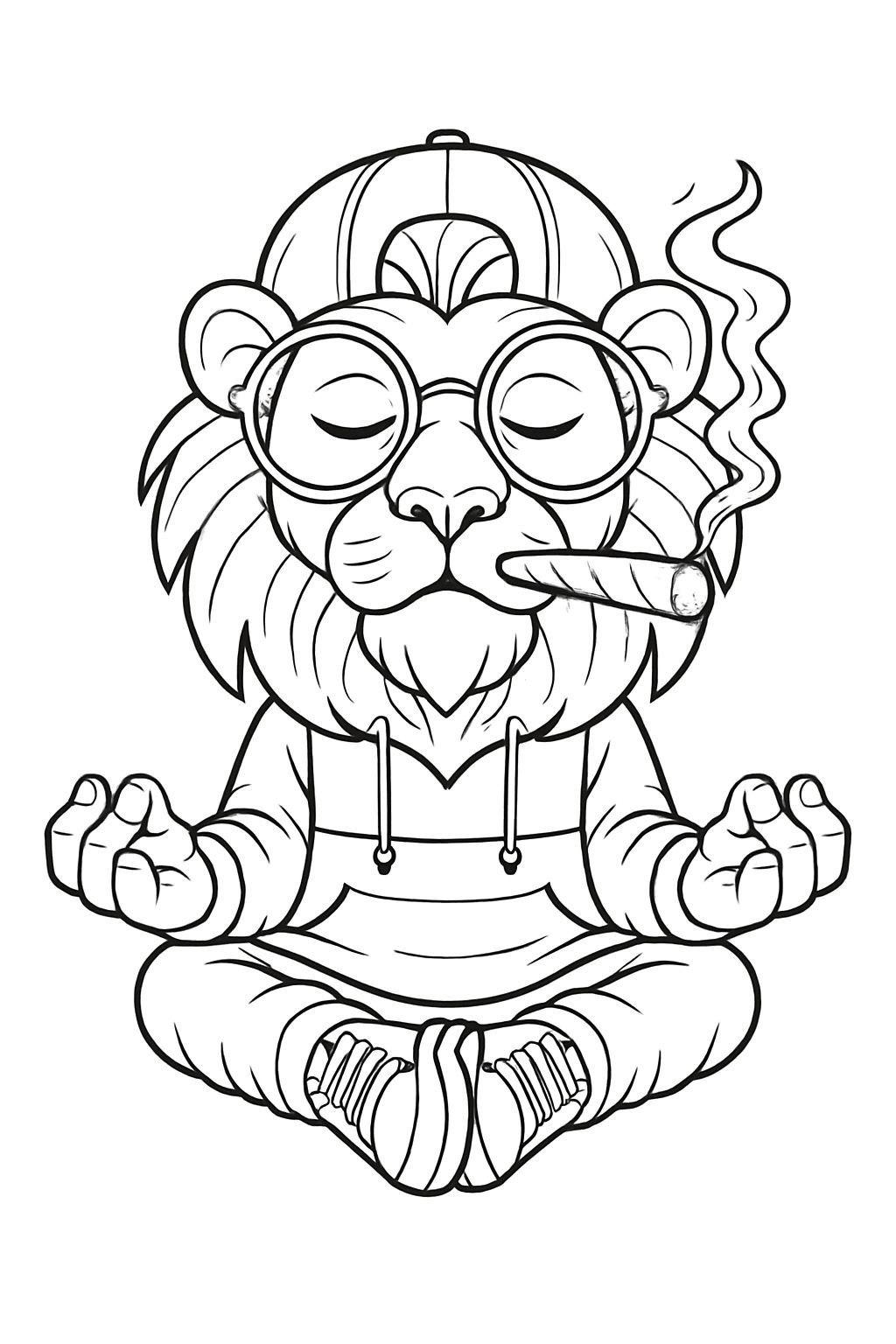 Whimsical Cartoon Lion Meditating in Relaxed Style Coloring Book Pages