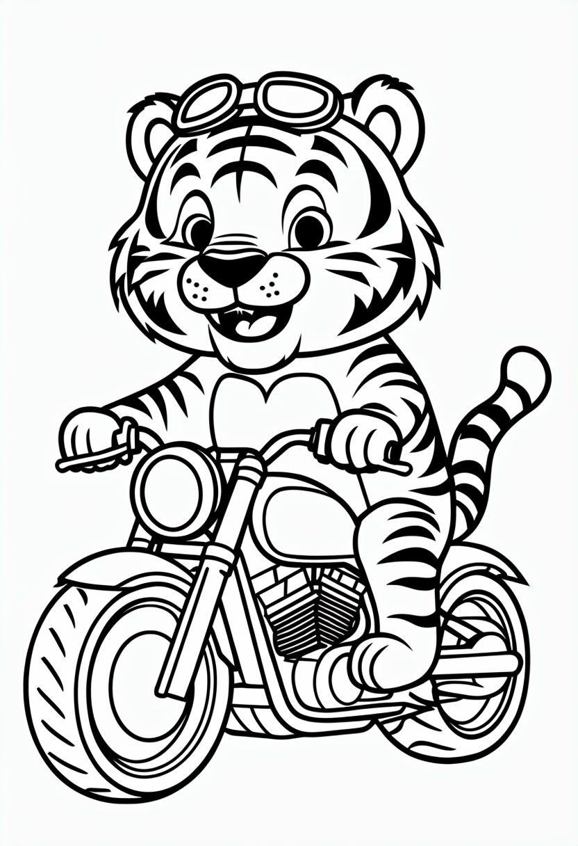 Cheerful Cartoon Tiger Riding Motorcycle Line Art Coloring Page Coloring Book Pages