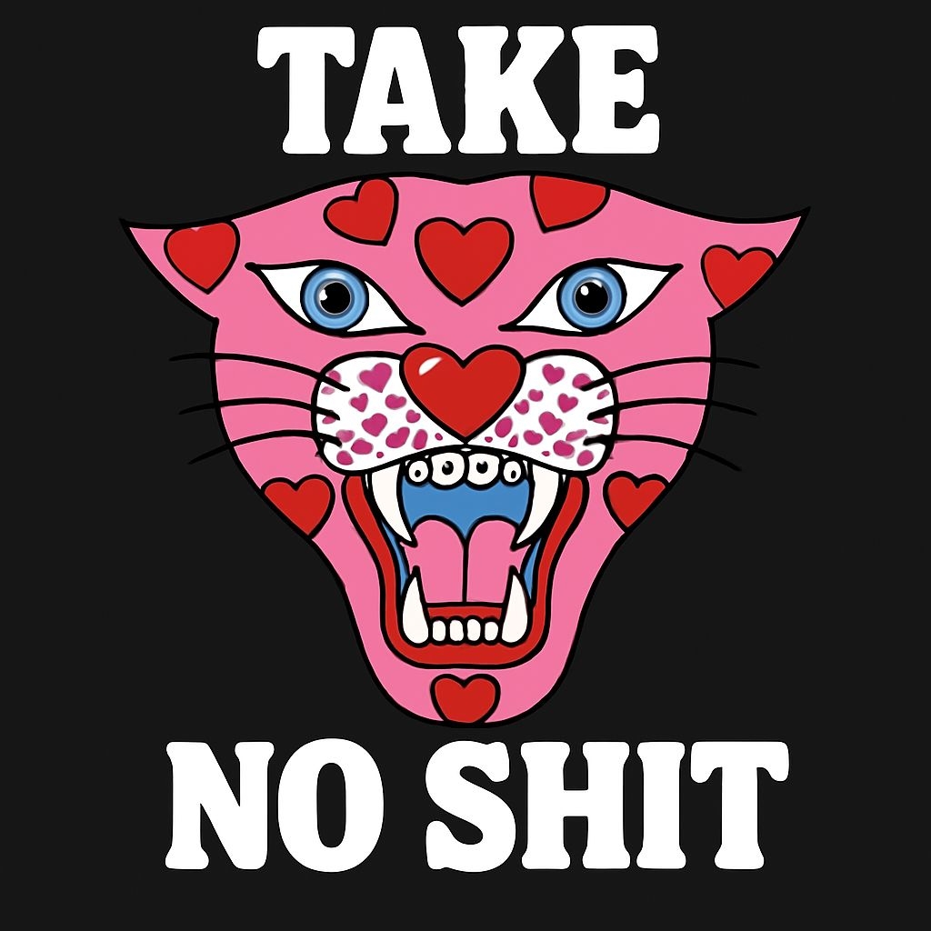 Playful Pink Panther Face with Hearts and Bold Text T-Shirt
