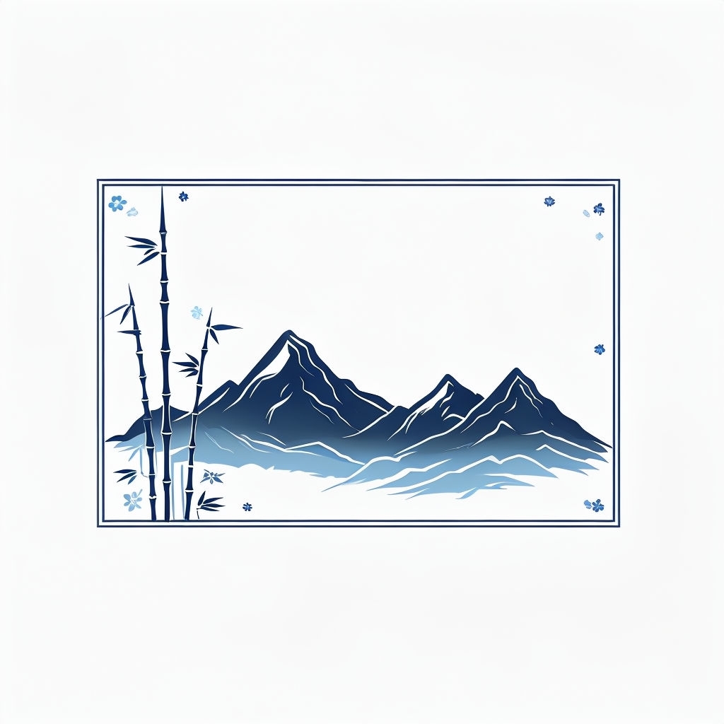 Minimalist Blue Mountain Range with Bamboo and Floral Border Art