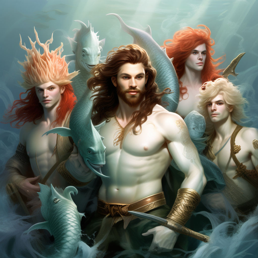 Tall muscular bearded gay merman with long flowing red hair kisses  shirtless muscular bearded blonde haired sailor.