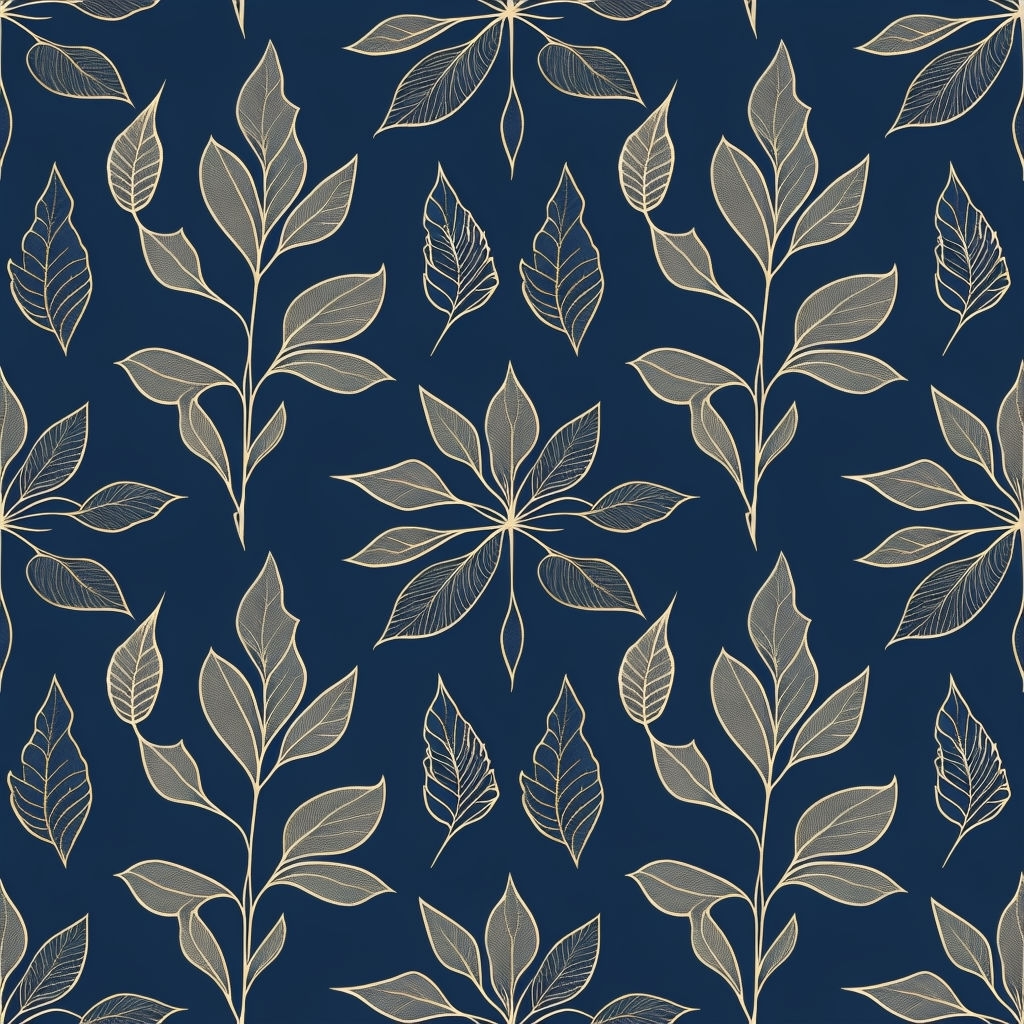 Elegant Golden Beige Leaf Pattern on Deep Navy Blue Background Seamless Pattern