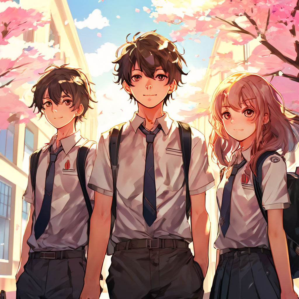 2 boys and a girl with very detailed anime-style faces