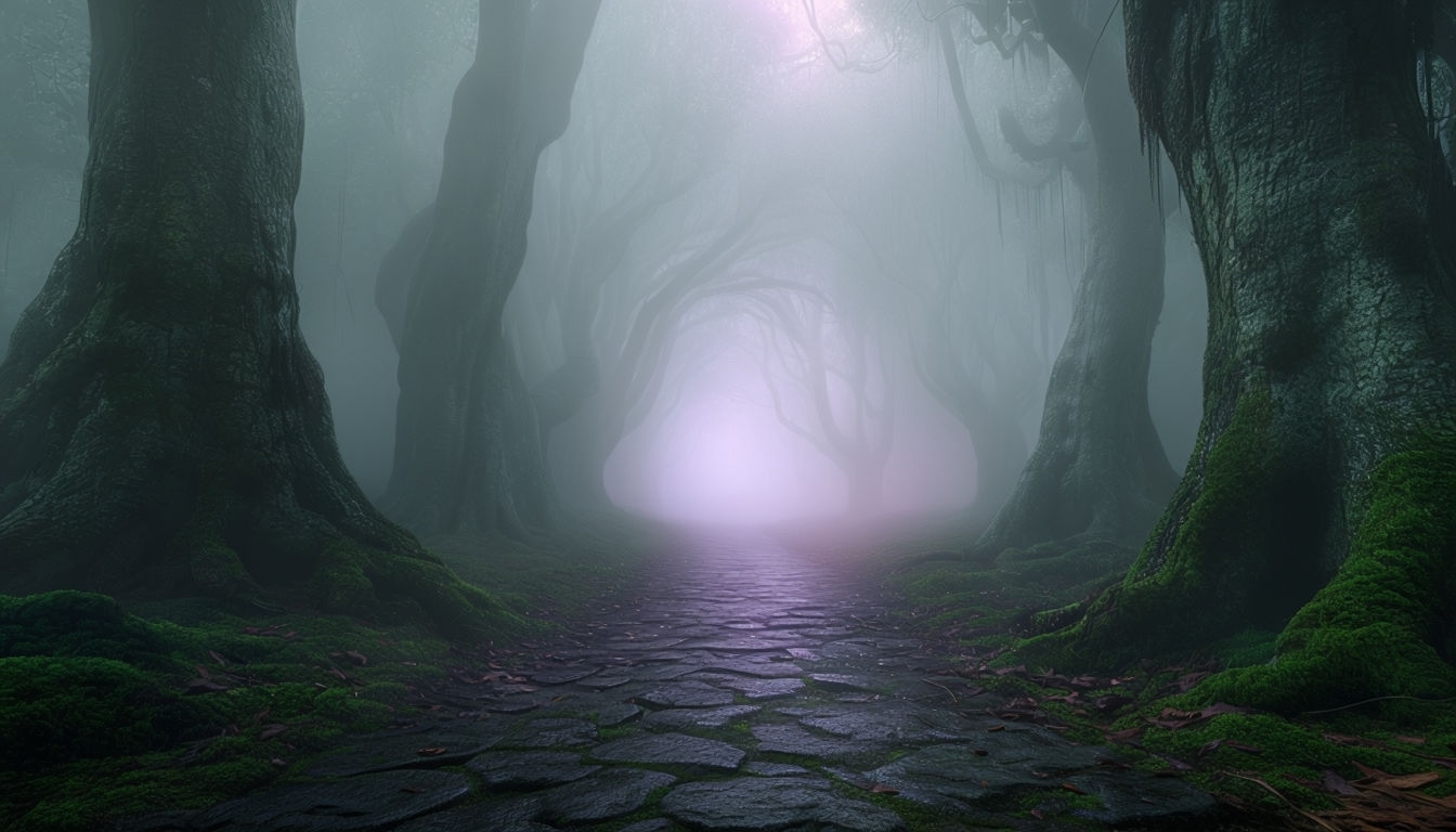 Misty Ancient Forest Path Virtual Background for Tranquil Spaces