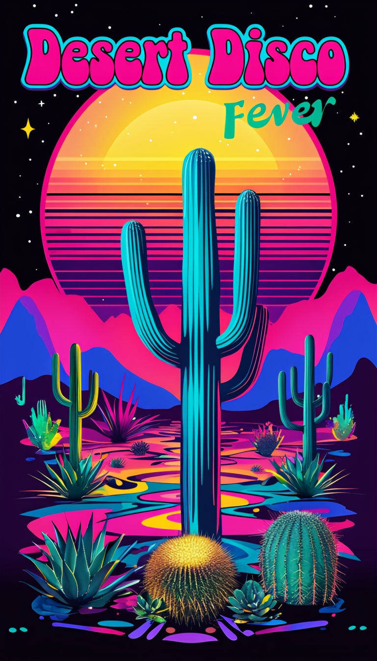 Vibrant Desert Disco Fever Retro Neon Illustration Poster