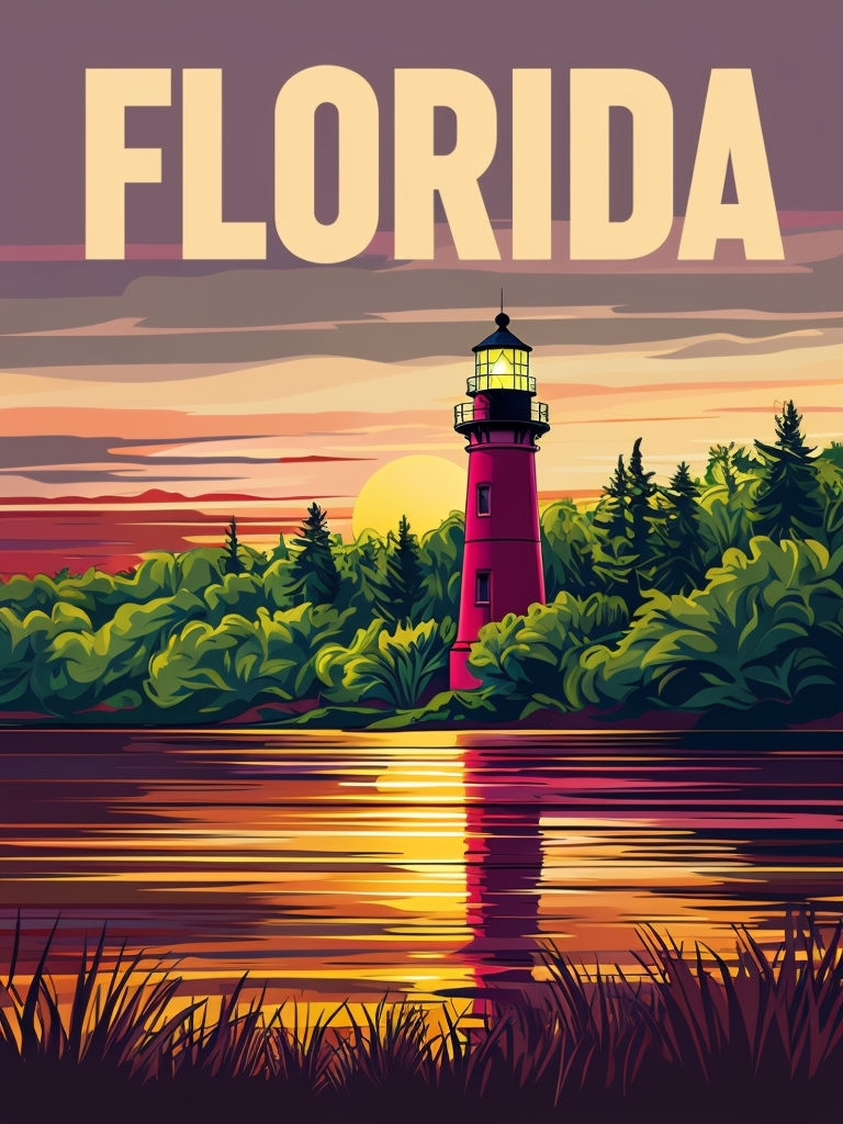 Tranquil Florida Sunset Landscape with Crimson Lighthouse Poster