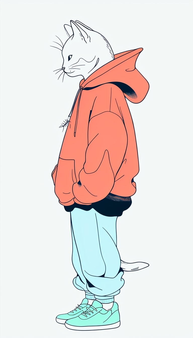 Minimalist Cat in Hoodie Line Art Illustration Mobile Wallpaper