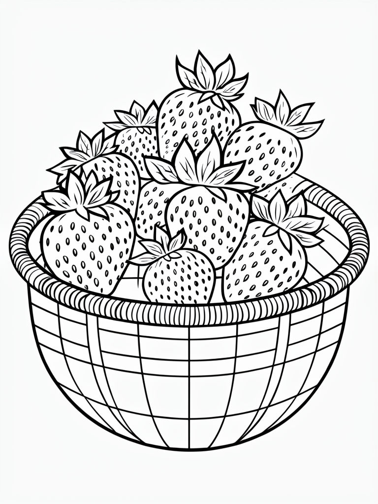 Woven Basket Filled with Strawberries Black and White Illustration Coloring Book Pages