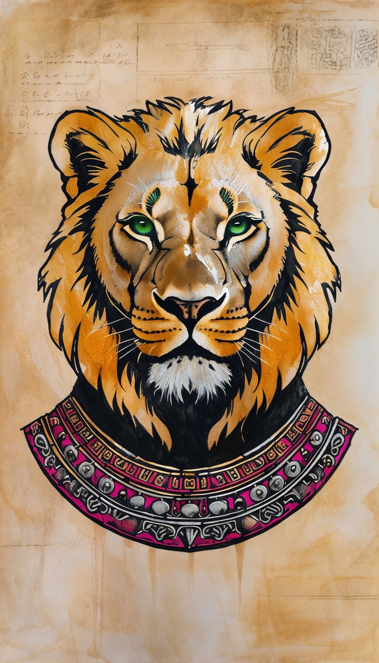 Stylized Lion Illustration with Bold Colors and Textured Background Mobile Wallpaper