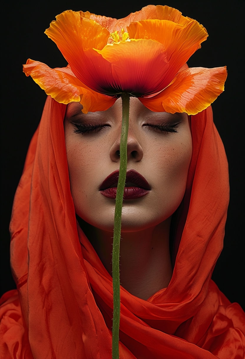 Surreal Portrait of Woman with Vibrant Orange Flower Mobile Wallpaper