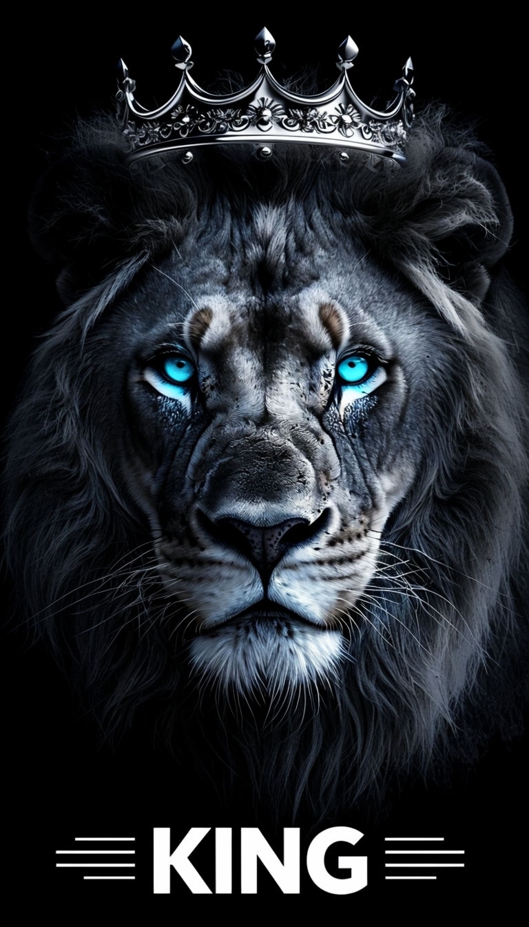 Majestic Lion Face with Crown and Cyan Eyes Mobile Wallpaper