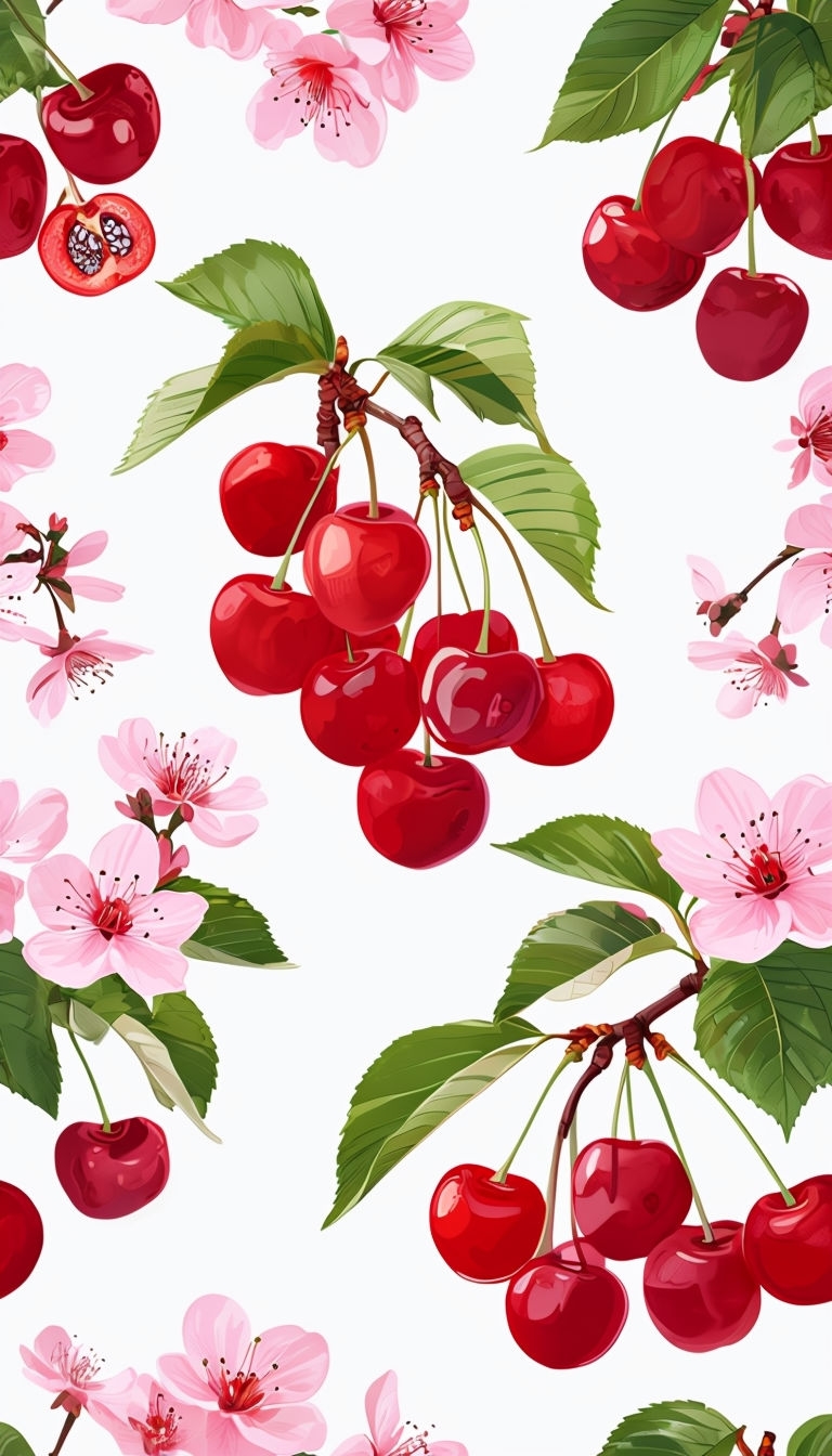 Vibrant Red Cherries and Blossoms Seamless Pattern Phone Case Cover