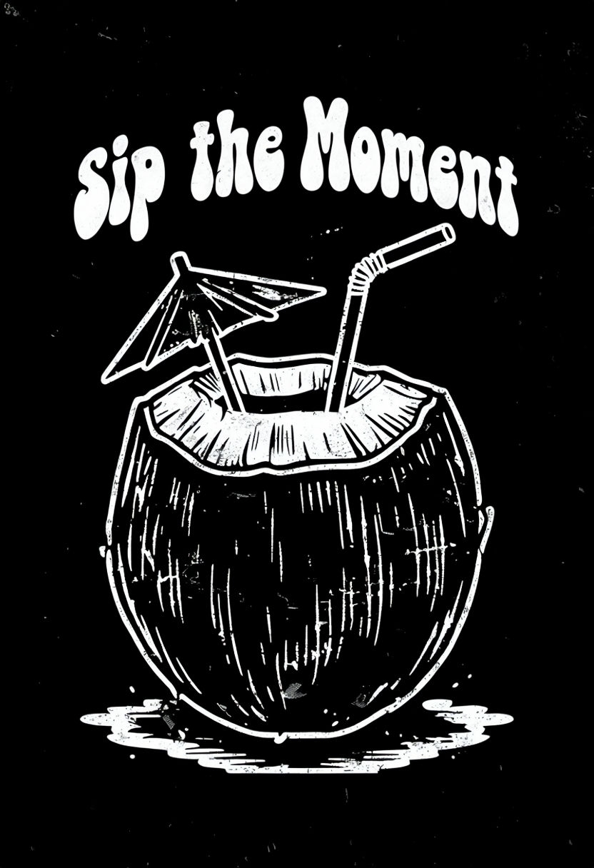 Vintage Coconut Drink with 'Sip the Moment' Quote T-Shirt