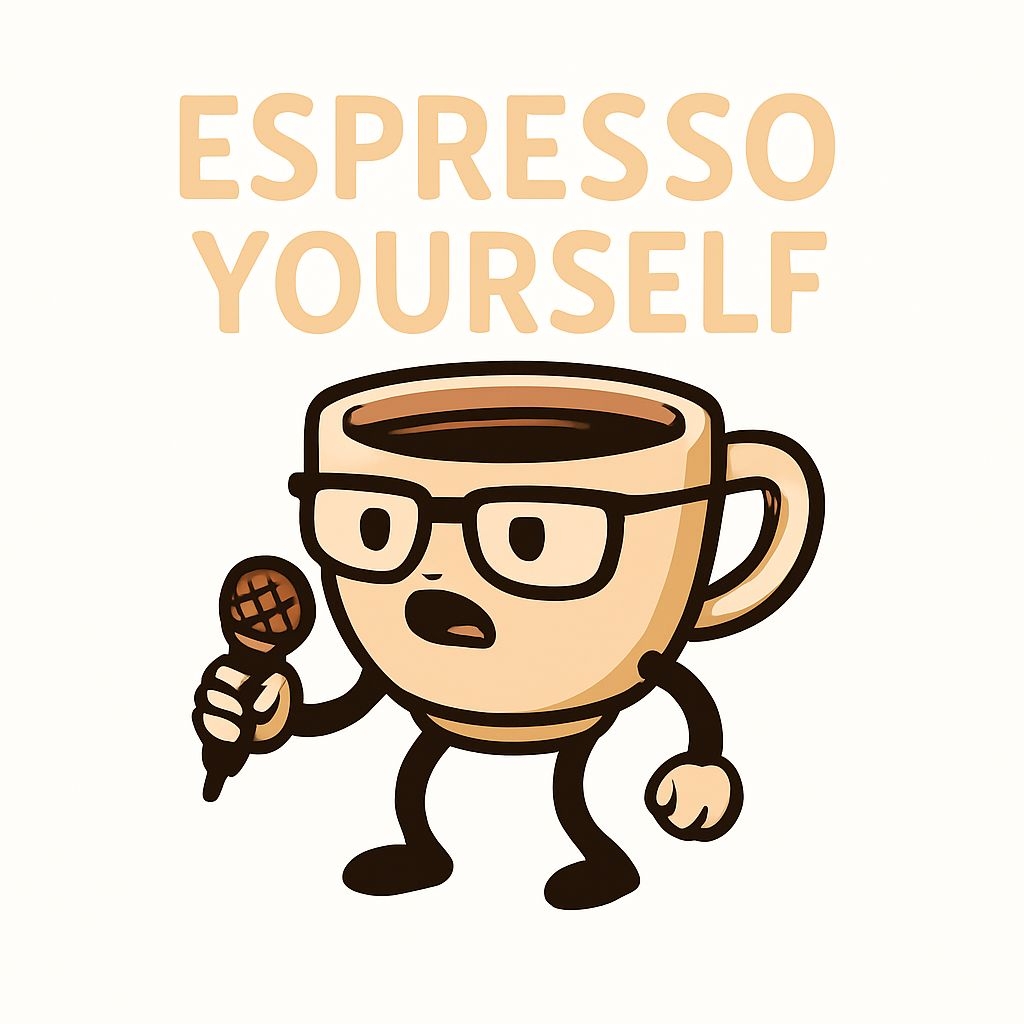 Whimsical Espresso Yourself Cartoon Coffee Cup Character Sticker