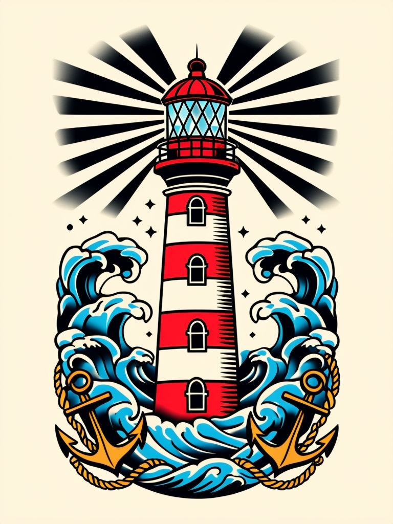 Traditional Tattoo Lighthouse with Ocean Waves Art