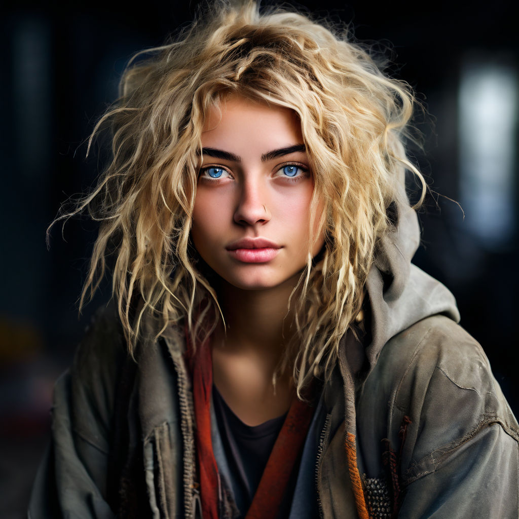 Beautiful young actress disguised as a homeless person