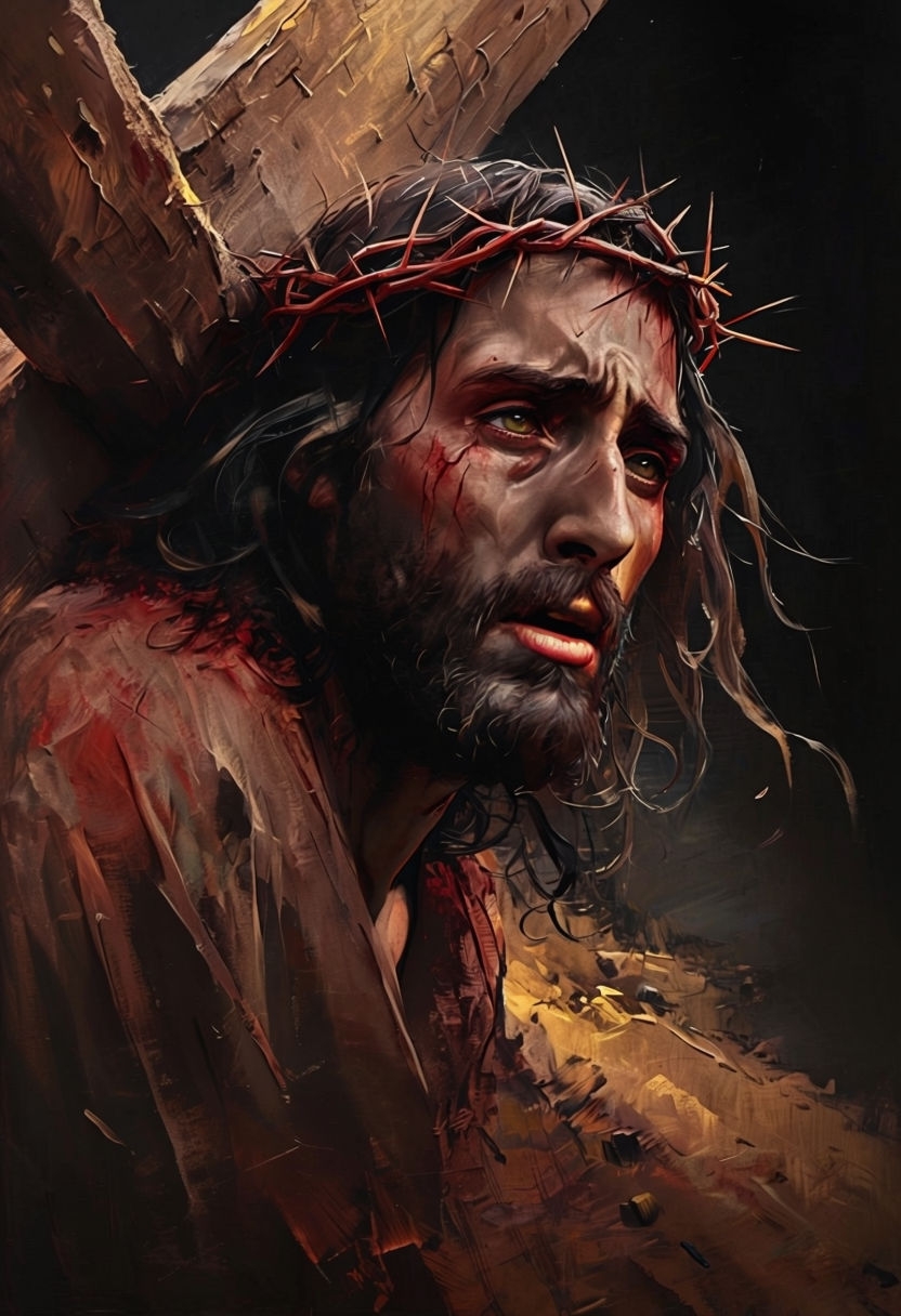 Dramatic Jesus Carrying Cross Close-Up Painting for Spiritual Art