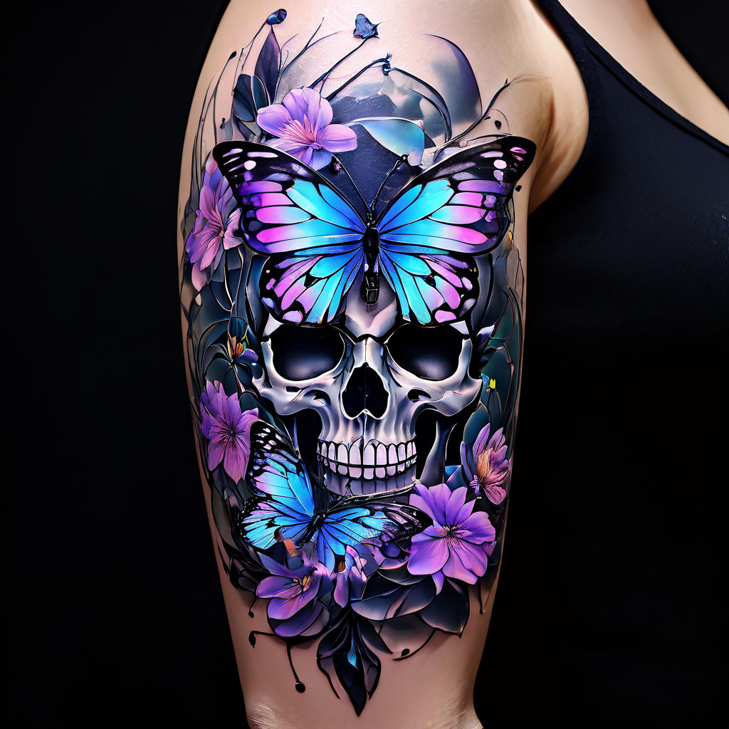 skull tattoo mixed with butterfly tattoo