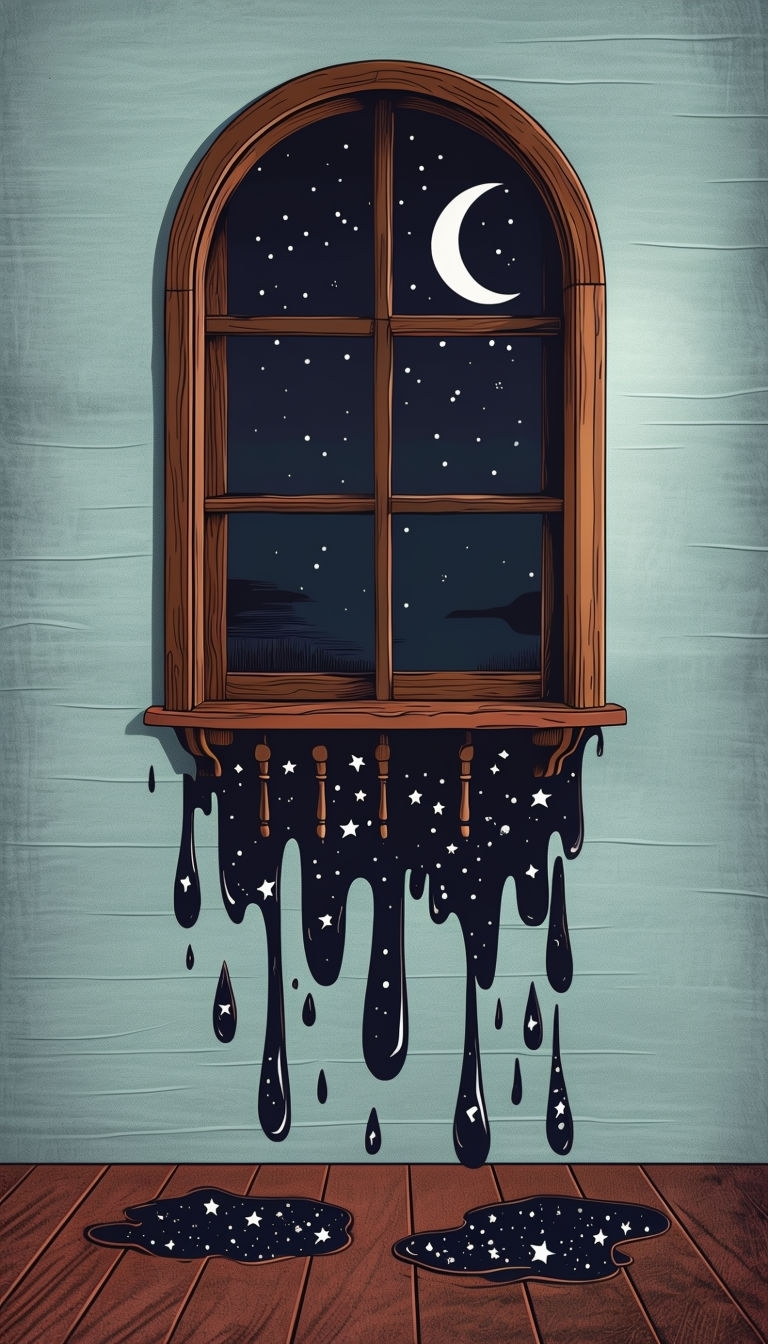 Surreal Wooden Window with Night Sky and Dripping Stars Mobile Wallpaper