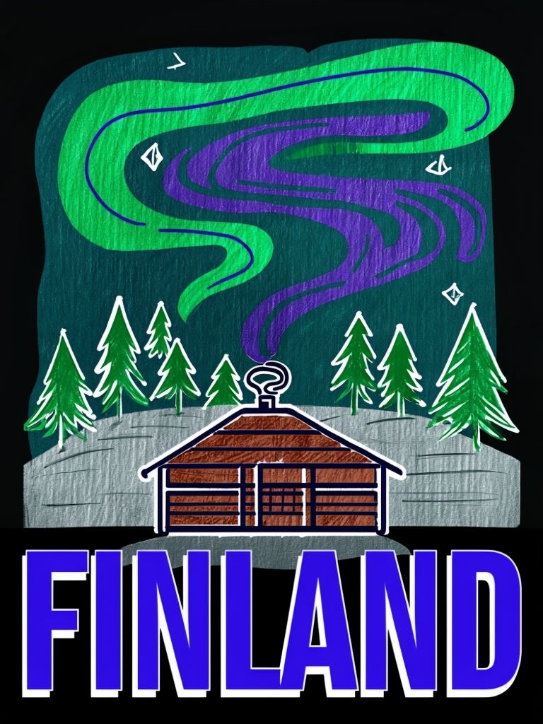 Finnish Themed Hand-Drawn Illustration with Northern Lights Poster