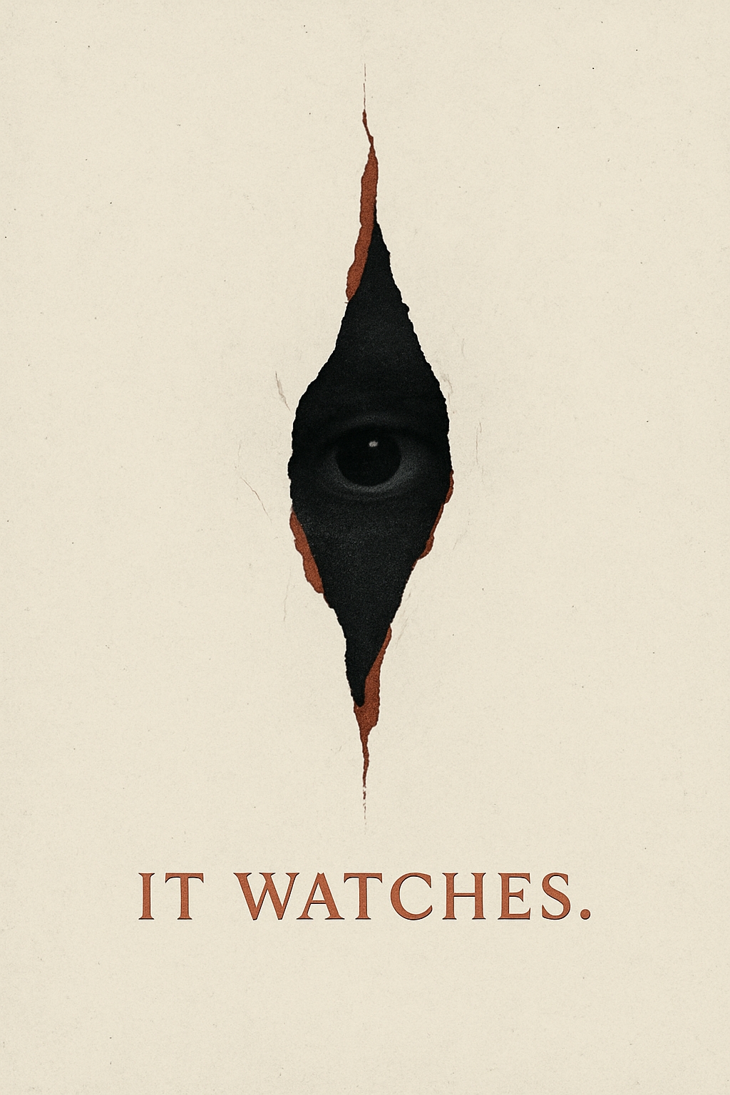 Eerie Minimalist Eye Design with Bold "IT WATCHES" Text Poster
