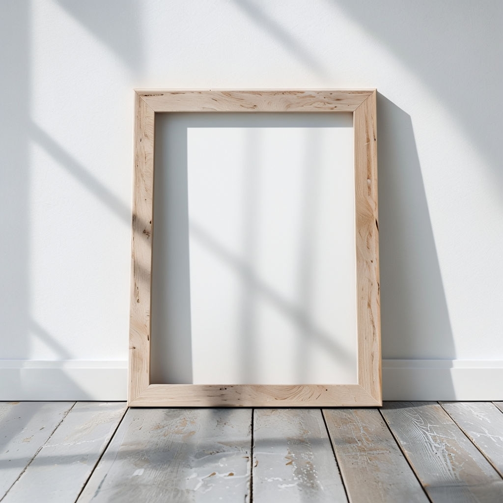 Minimalist Wooden Picture Frame Against White Wall Mockup