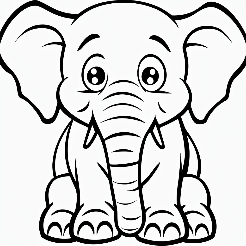 Cartoonish Black and White Elephant Line Drawing Art