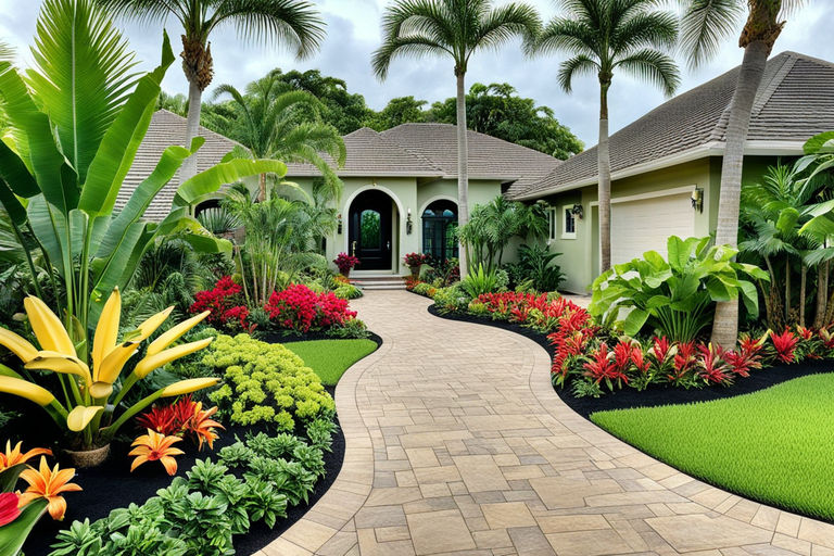 A welcoming front yard tropical landscape design featuring p... by Joko ...