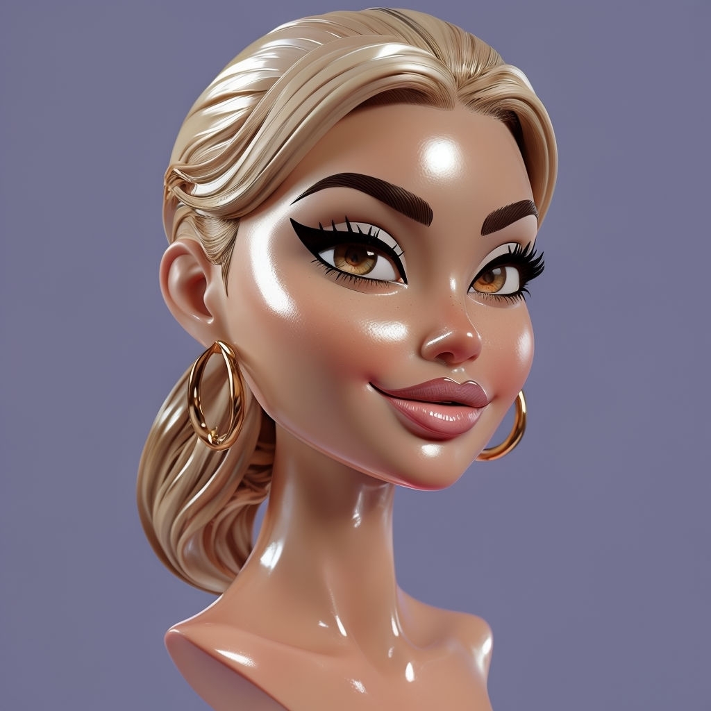 Glamorous Cartoon Female Bust Portrait on Lavender Background Art