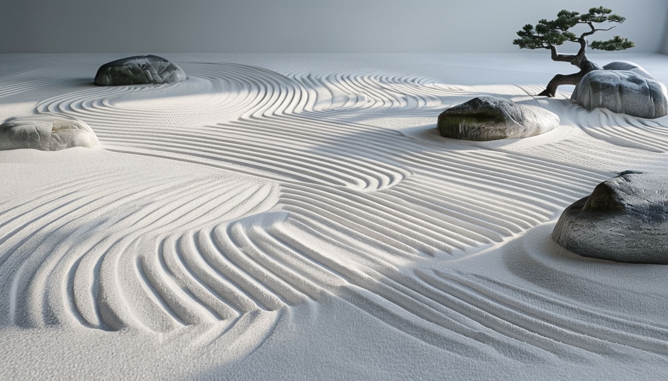 Serene Zen Garden Photorealistic Scene with Raked Sand // Virtual Backgrounds