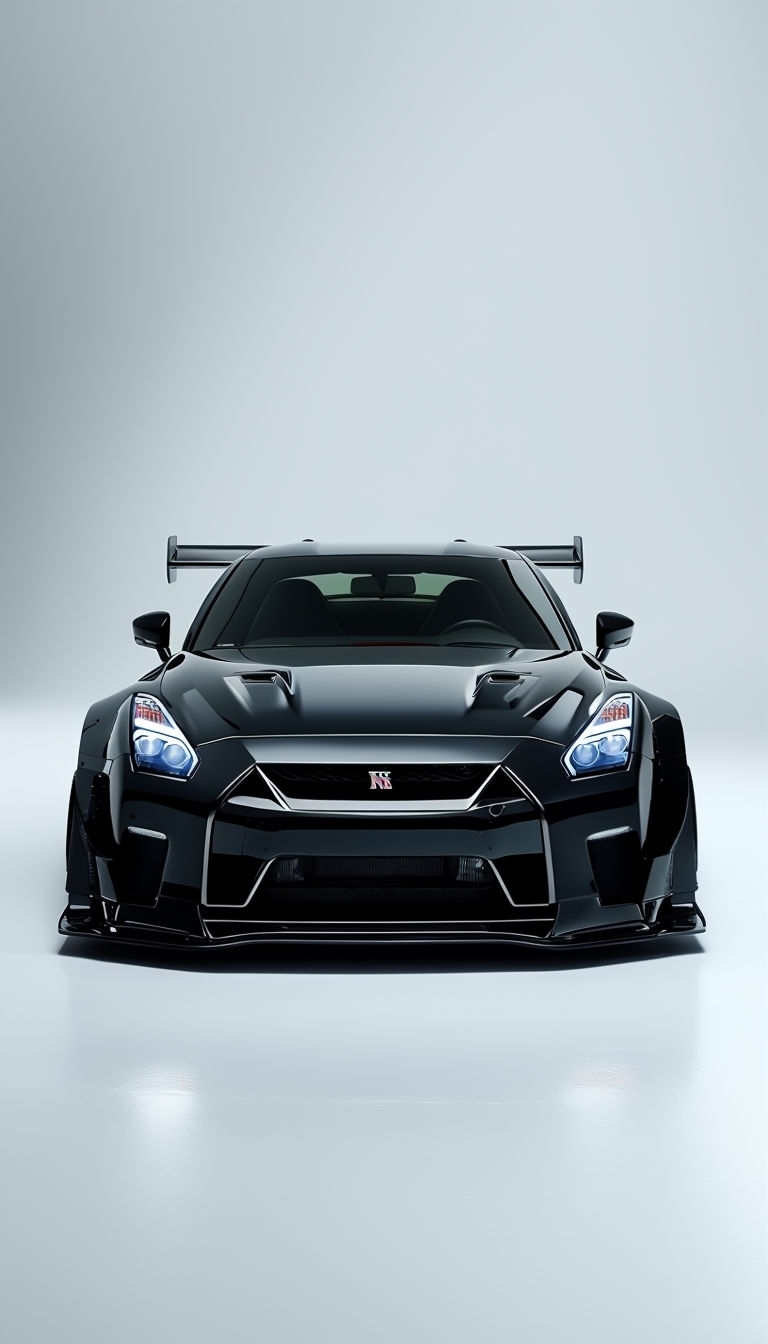 Glossy Black Nissan GT-R with Wing and Minimalist Background Mobile Wallpaper
