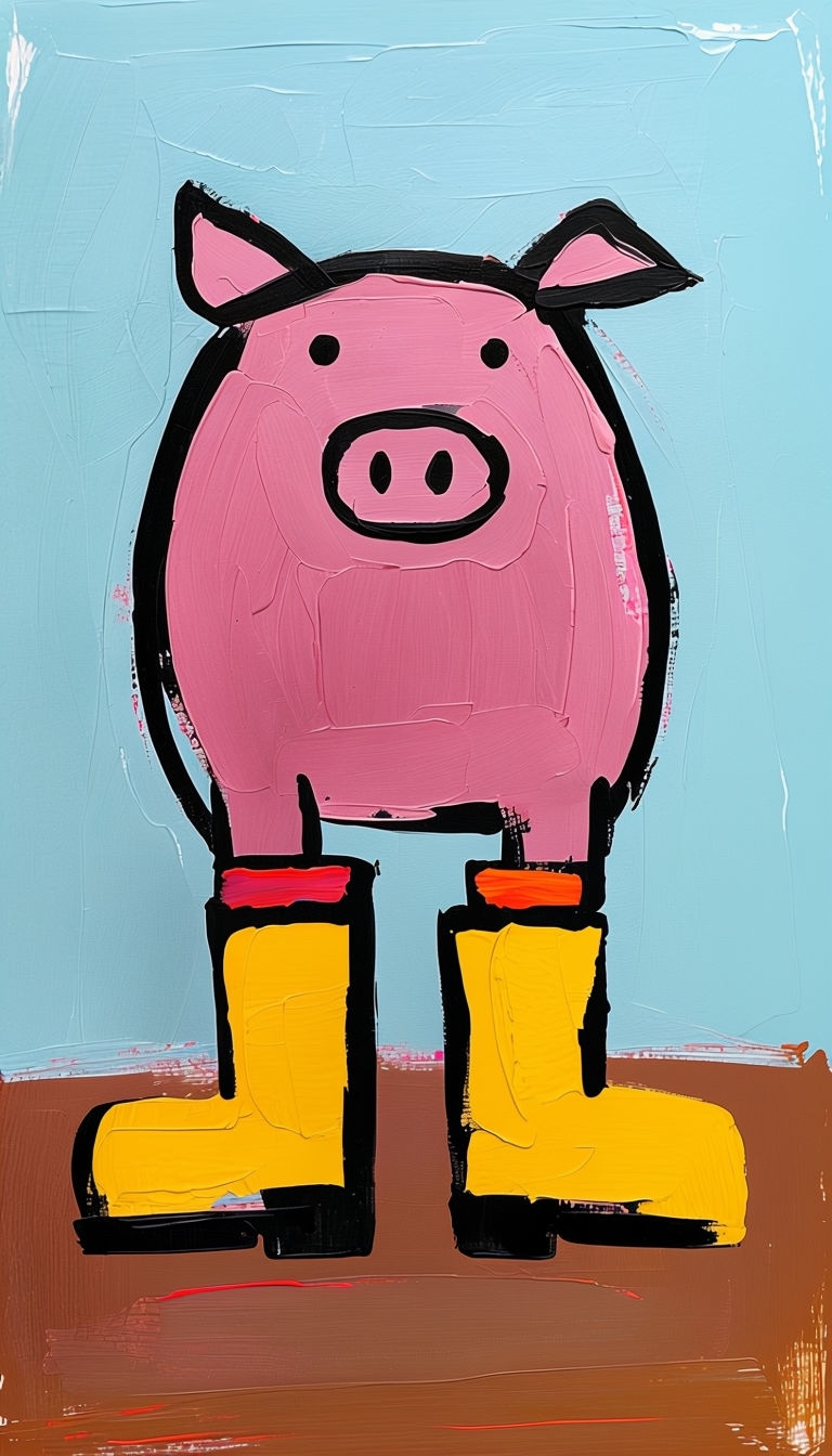 Stylized Naive Pig in Oversized Boots Art for Mobile Wallpaper