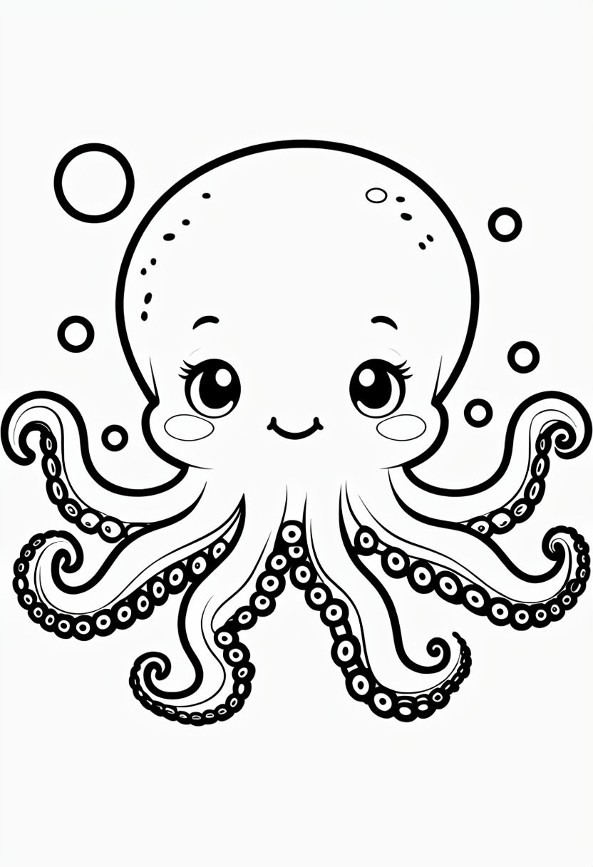 Happy Octopus Character Line Drawing for Coloring Book Pages