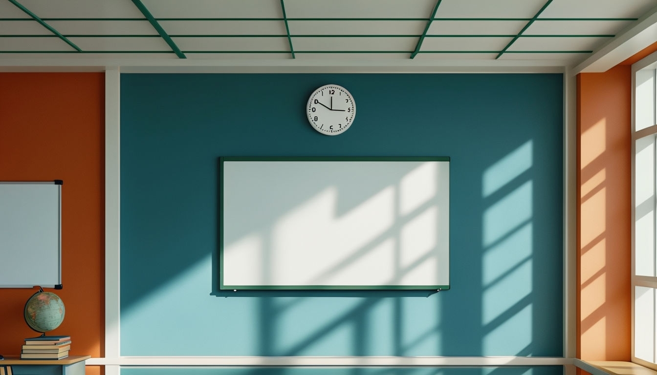 Symmetrical Classroom Scene with Whiteboard and Books Art