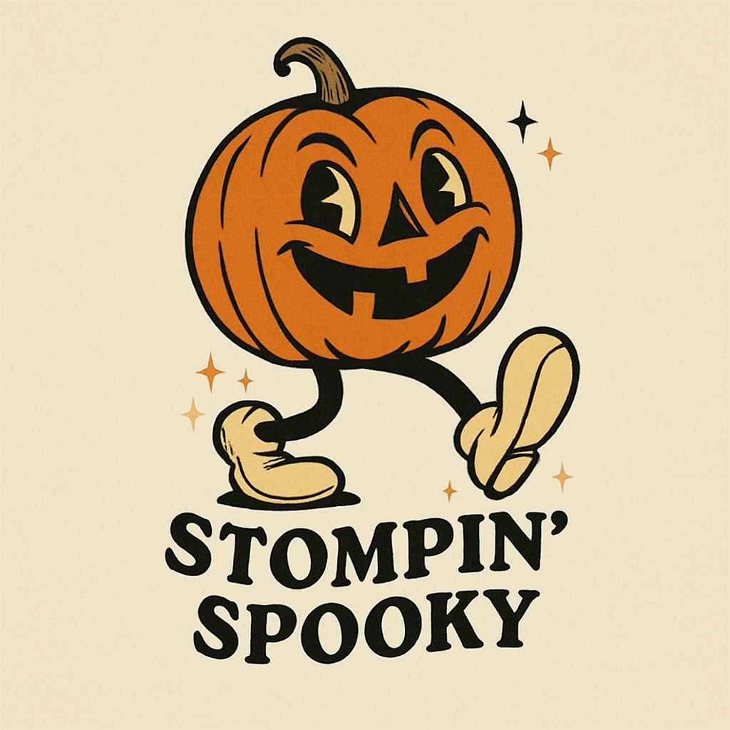 Cheerful Vintage Pumpkin Character with Stompin' Spooky Text Sticker