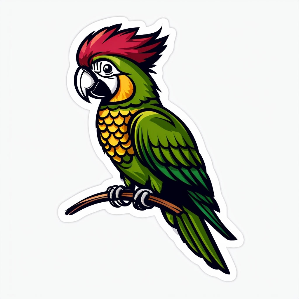 Vibrant Cartoon Parrot Perched on Branch Sticker