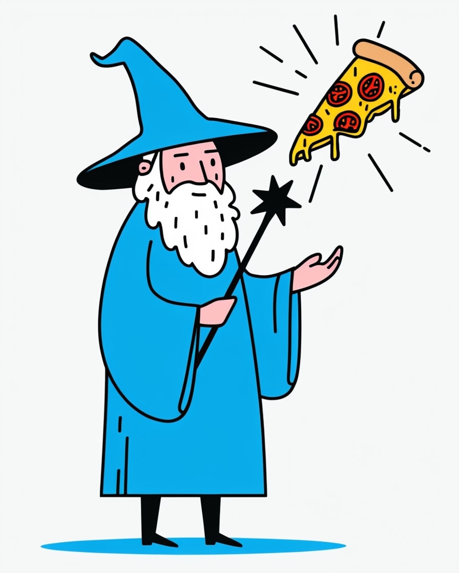 Whimsical Cartoon Wizard with Floating Pizza T-Shirt