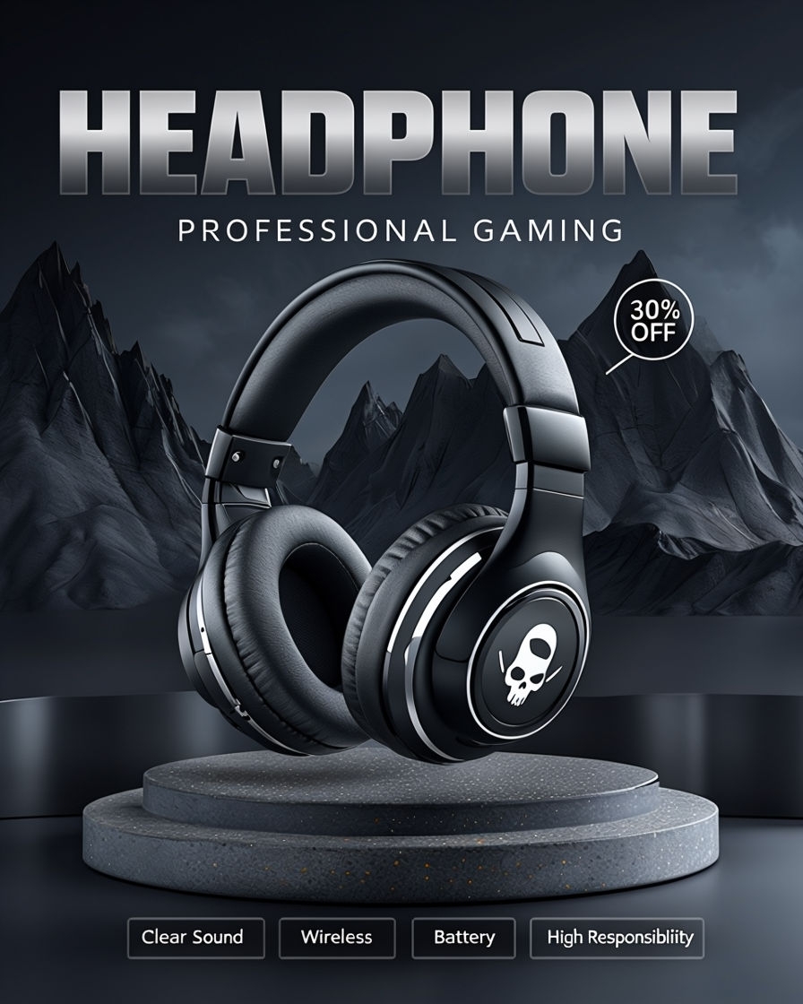 Sleek Black Gaming Headphones with Discount Badge Advertisement