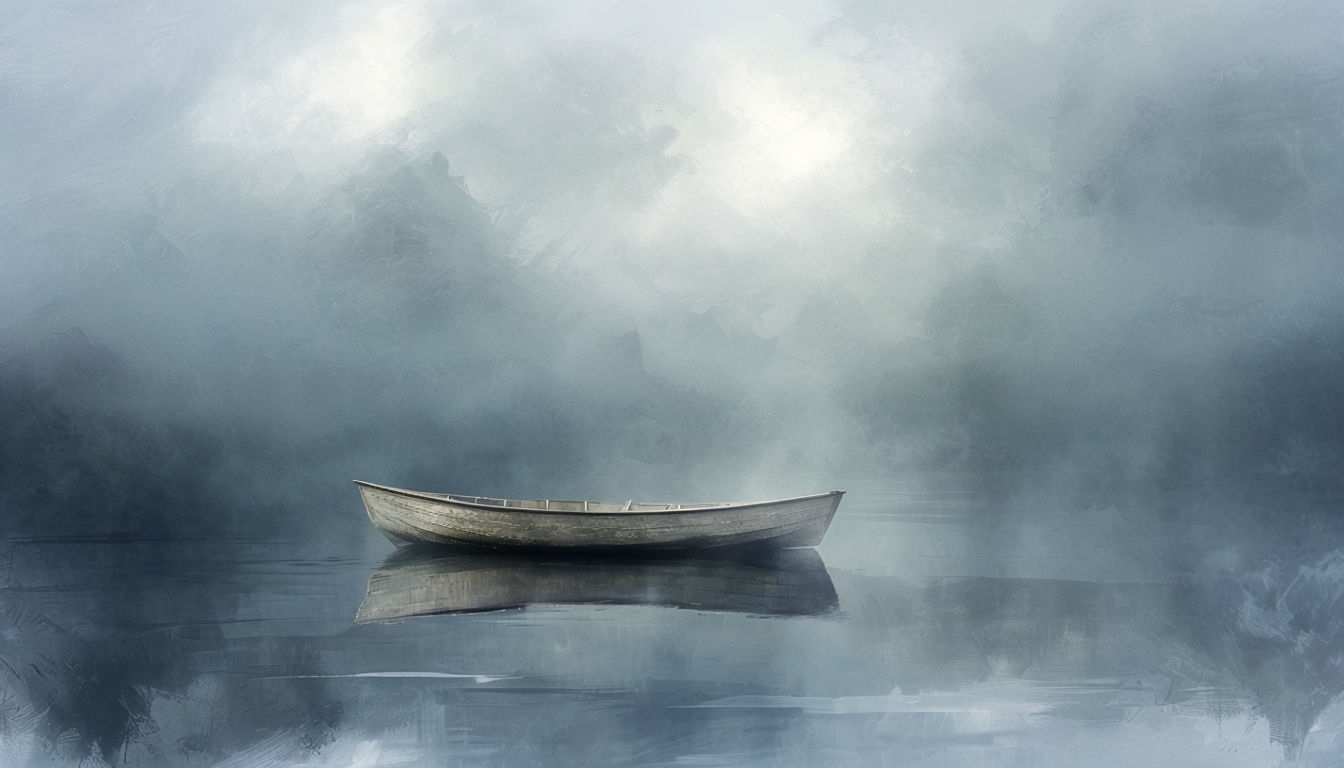 Mysterious Foggy Forest Lake with Lone Boat Virtual Background