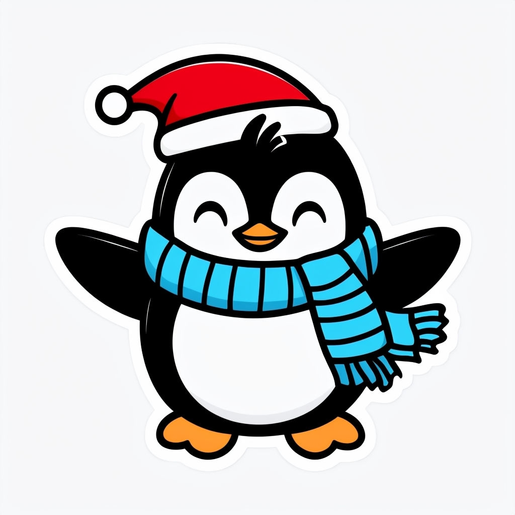 Cute Cartoon Penguin in Red Santa Hat Sticker