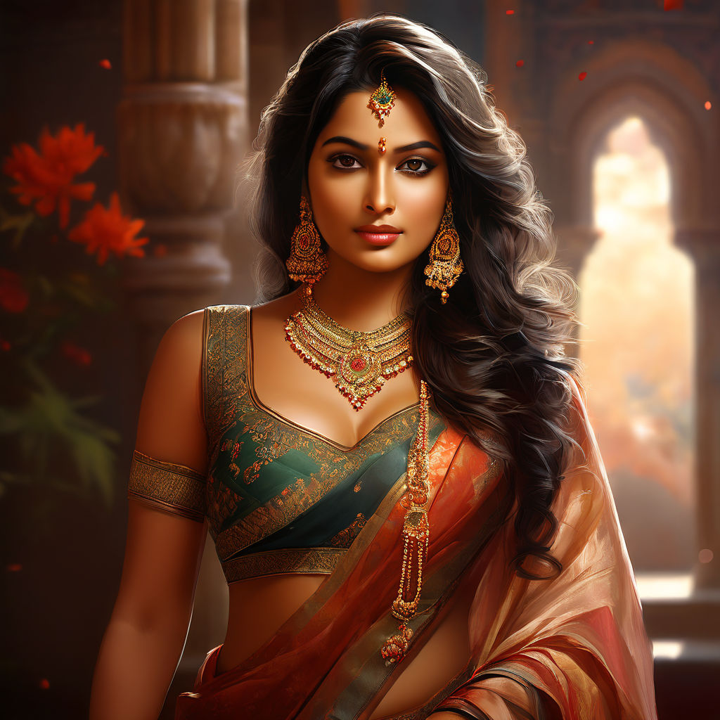 slightly fat body. long gloves. long hair.gold jewellery. red saree.  artstation trends