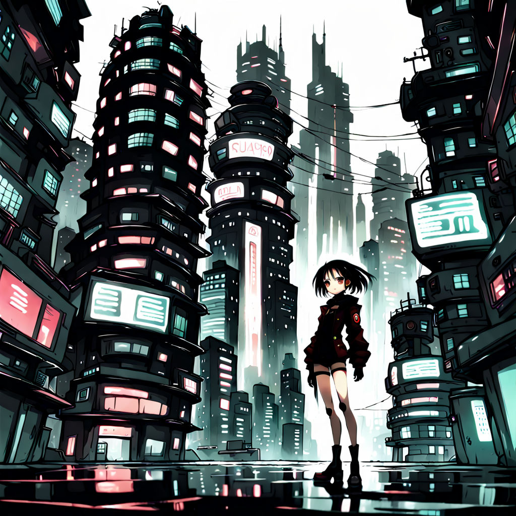 Draw an anime style sci fi girl full body in a cyberpunk cit... by ...