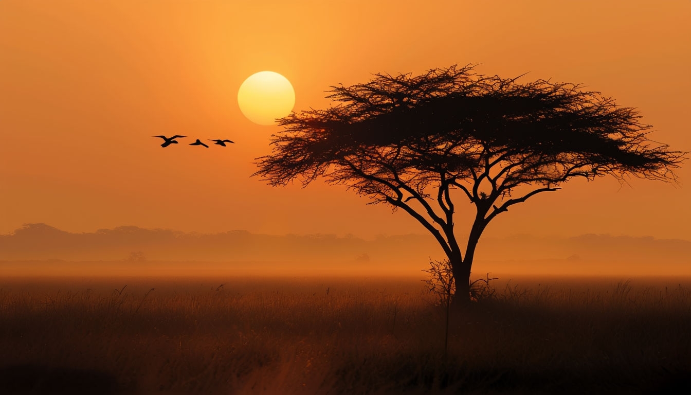 Tranquil Acacia Tree Silhouette Against Warm Sunrise Background Virtual Backgrounds